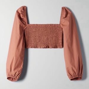 Wilfred by Aritzia Inaya Smocked Off Shoulder Blouse Mauve XS